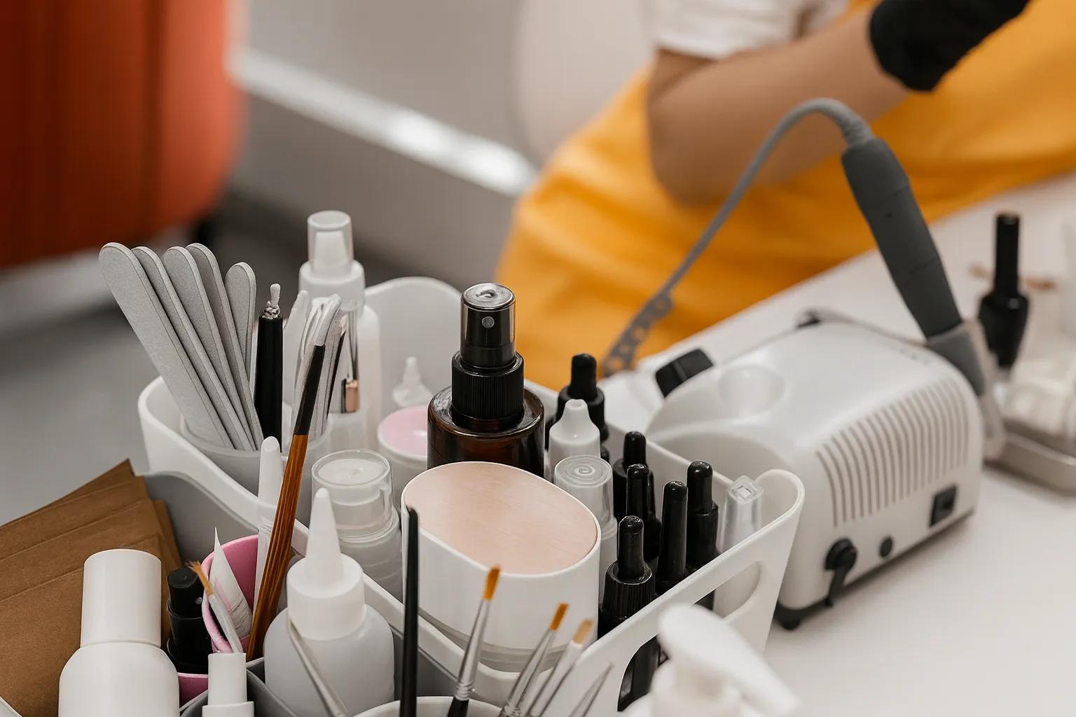Profesjonalizm i bezpieczeństwo – fundamenty pracy IzuBeauty Stanowisko manicure z narzędziami, pędzelkami i frezarką w salonie kosmetycznym
