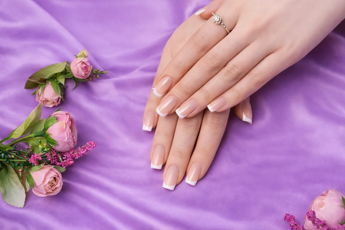 Stylizacja paznokci – nie tylko estetyka, ale też zdrowie Dłonie z lawendowo-różowym manicure francuskim na satynowym tle, delikatna stylizacja paznokci