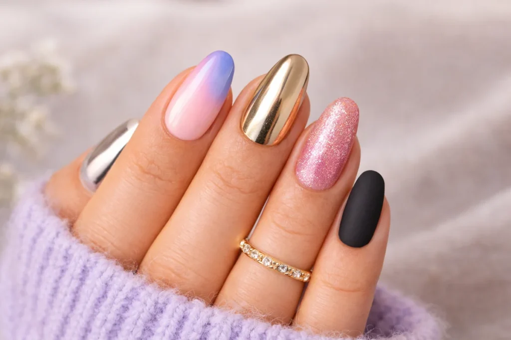 Nowoczesny manicure hybrydowy – gradient, złoty chrom, brokat i matowe czarne paznokcie